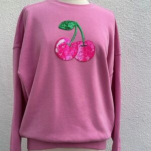 Mauve Pink Oversized Sweatshirt with Sequin Cherry Applique | Size M (NWT)